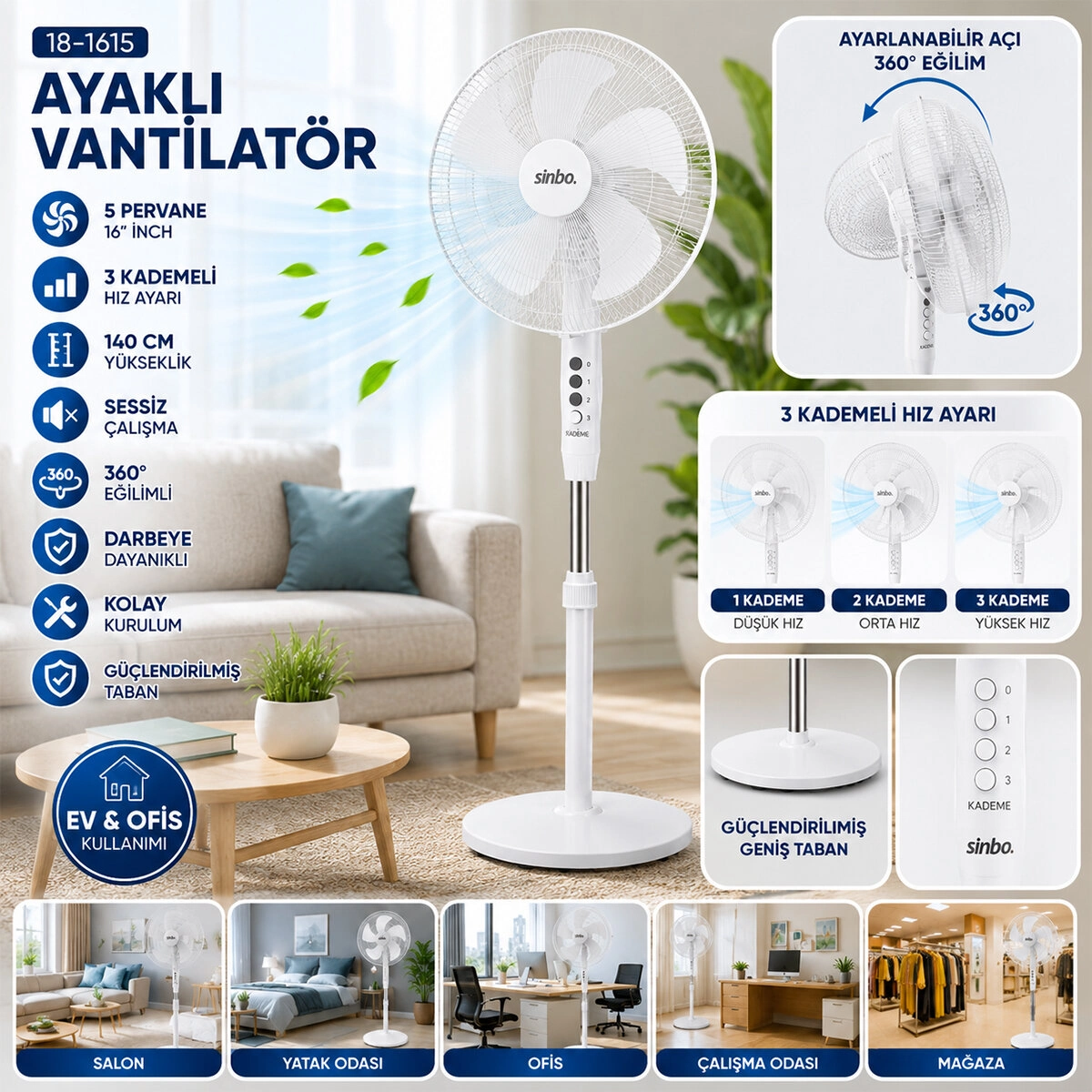 Sessiz 5 Pervaneli Vantilatör 16 İnç 140 cm Yükseklik