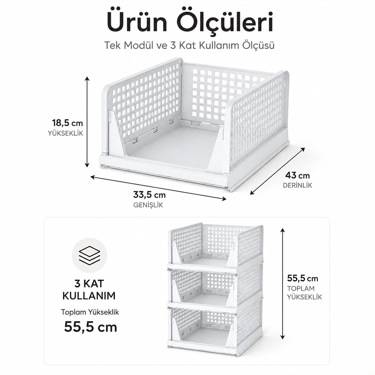 3 Katlı Portatif Organizer - Çok Amaçlı Kayar Raf 18.5X33.5X43CM Toplam 55.5CM