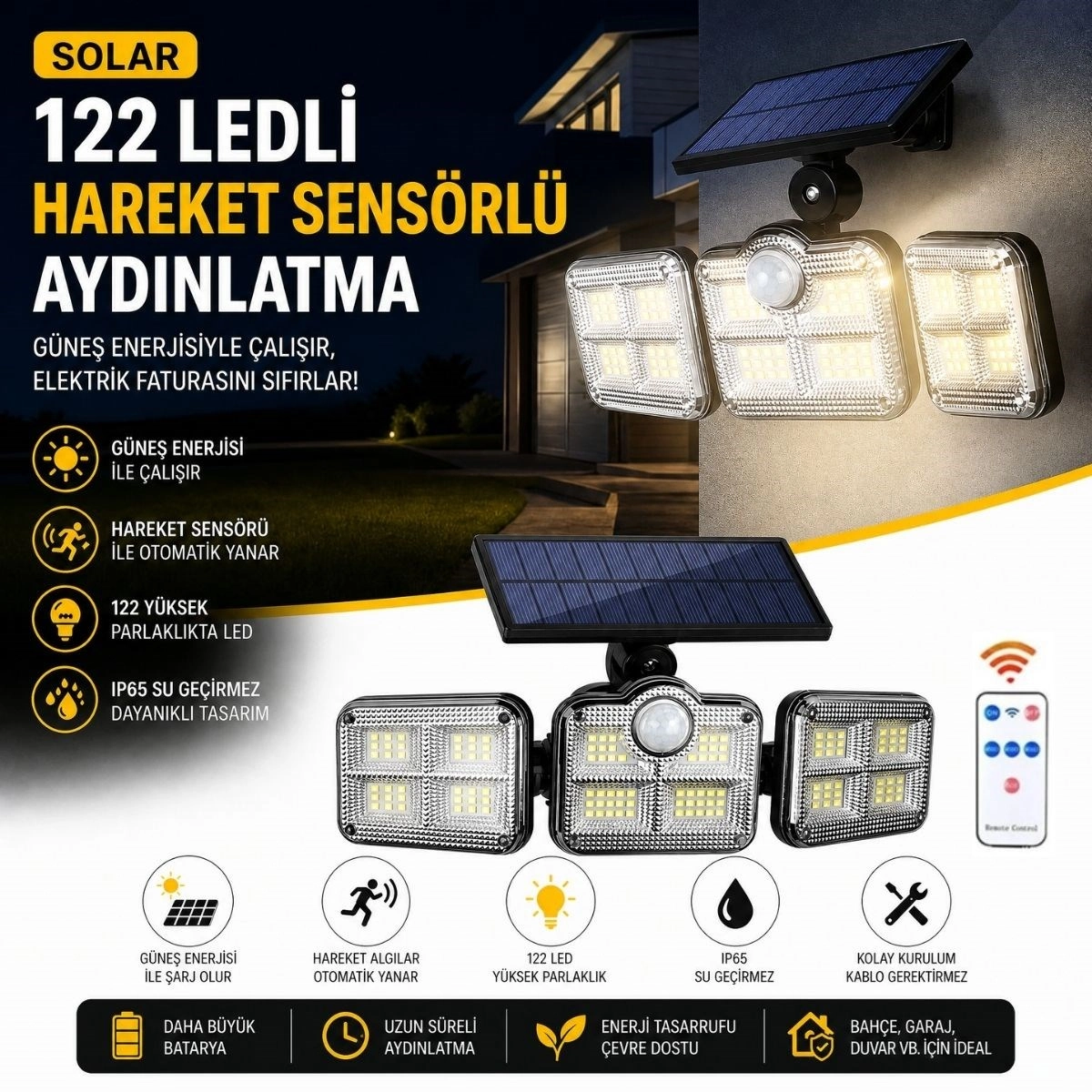 Hareket Sensörlü 3'lü Güneş Enerjili LED Seti