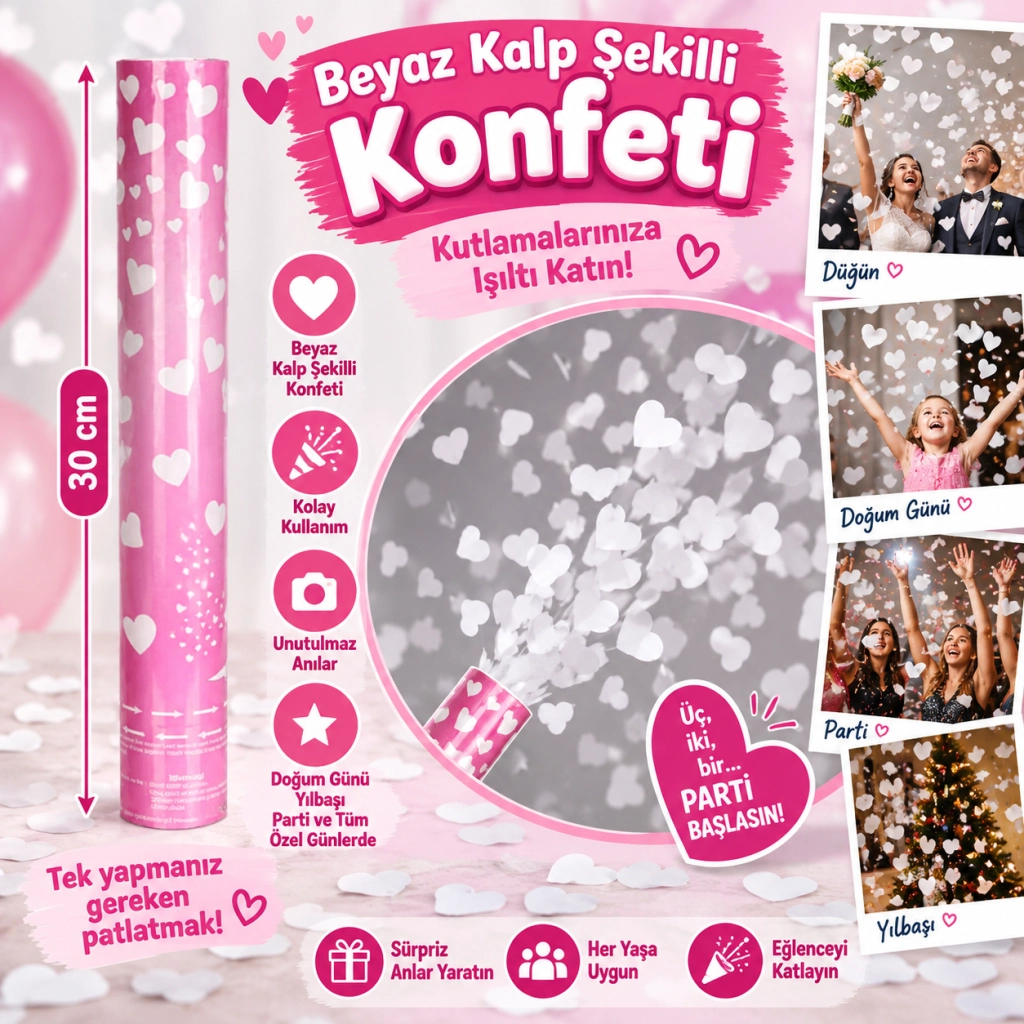 Kalp Şekilli Beyaz Konfeti 38 cm Parti Dekorasyonu
