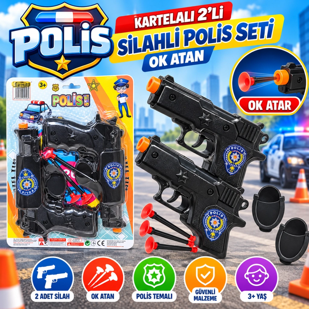 Eğlenceli Ok Atan 2'li Silahlı Polis Seti