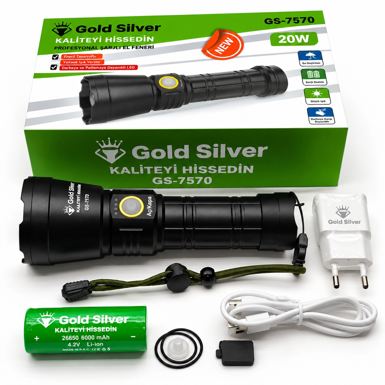 GS-7570 20 Watt 1200 Lümen Süper LED Zoomlu Profesyonel Şarjlı El Feneri
