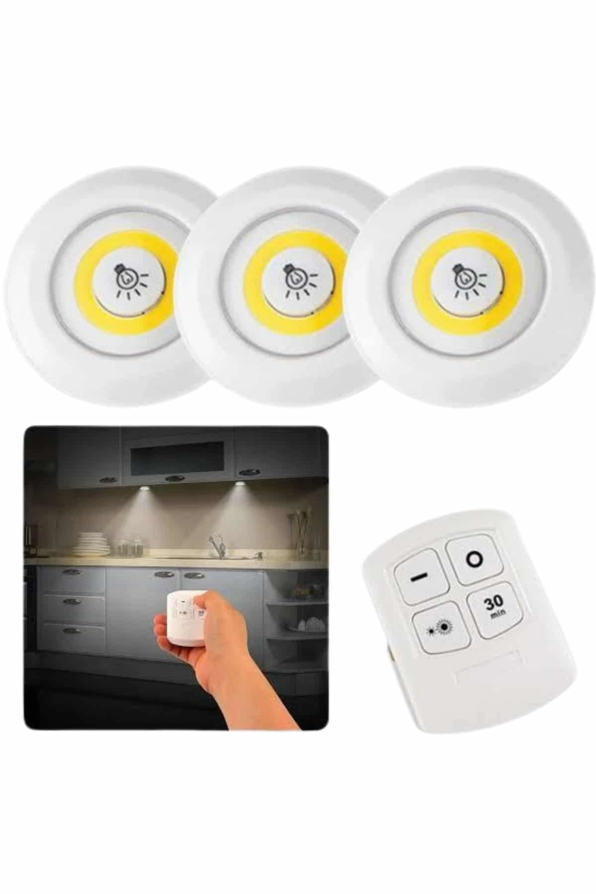 Uzaktan Kumandalı 3'lü Spot LED Lamba Mutfak ve Dolap Işığı