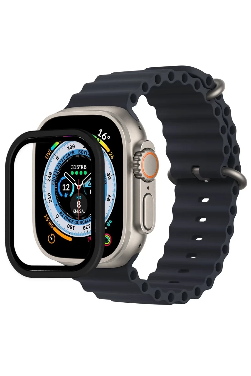 Apple Watch Ultra 49mm Uyumlu Alüminyum Kasa Cam Ekran Koruyucu - Siyah