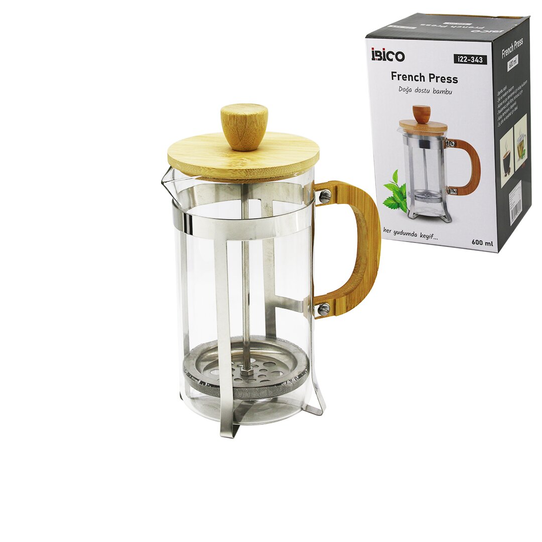 French Press Metal Kafes - Bambu Sap Bambu Kapak 600ML Cam Bitki Süzgeçi