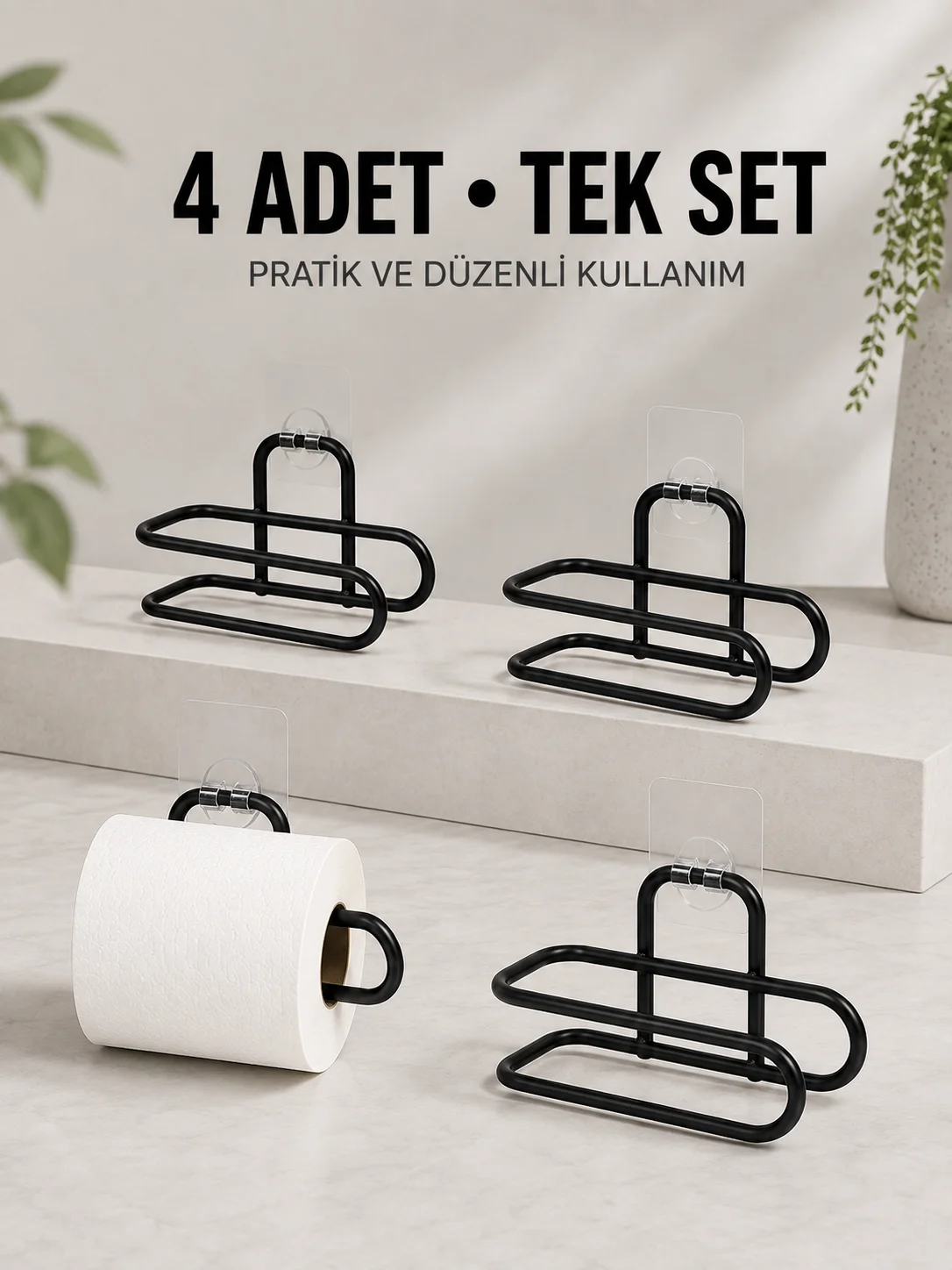 Duvara Yapışkanlı WC Kağıtlık Siyah Metal 4 Adet Tuvalet Kağıdı Rulo Askısı