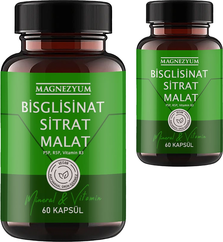 Magnezyum: 2 Adet Bisglisinat Magnezyum Sitrat Magnezyum Malat & Vitamin B2 B3 B6 ve Mineral Kapsülleri 60LI 2 Adet