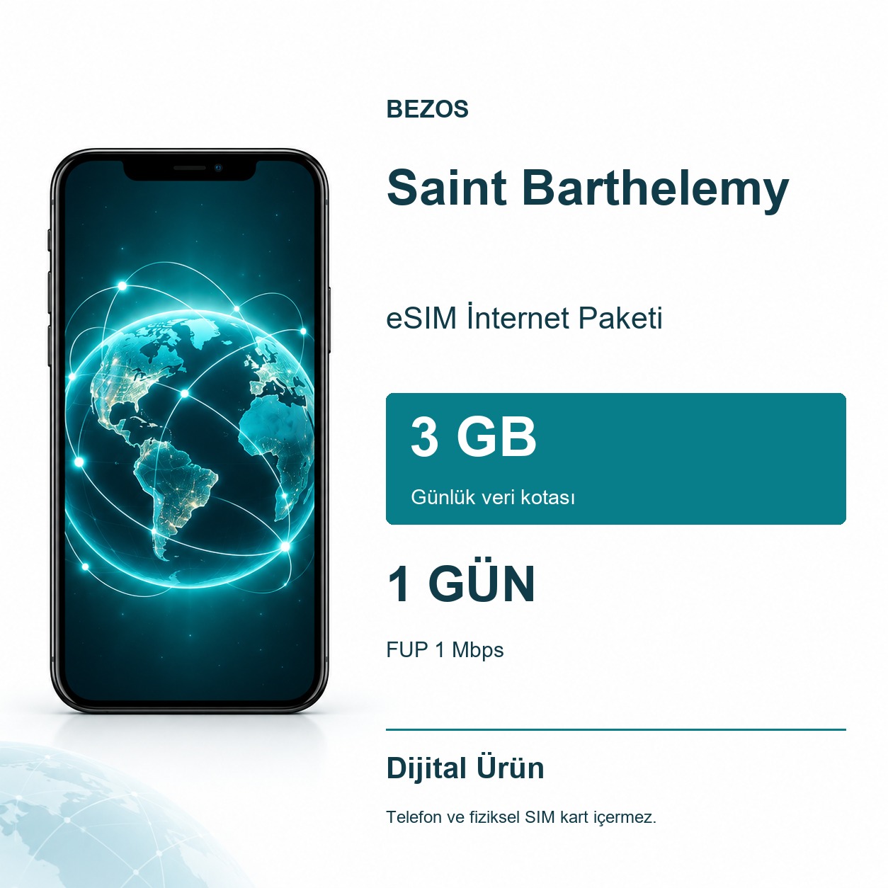 Saint Barthelemy eSIM İnternet Paketi Günlük 3 GB 1 Gün - FUP 1 Mbps