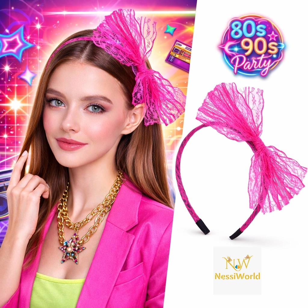 Neon Pembe Dantel Taç Fiyonklu 80'ler 90'lar Tarzı 1 Adet