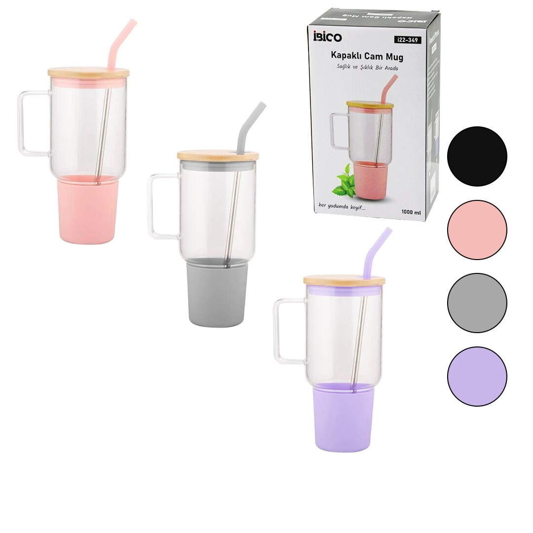 Sızdırmaz Bambu Kapaklı Cam Matara 1000ML Silikon Altlık ile