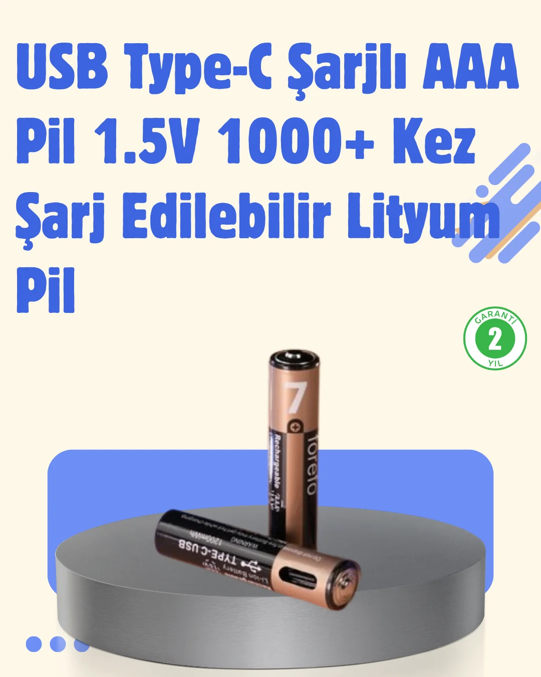 USB Type-C Şarjlı AAA Lityum Pil | 1.5V Sabit Voltaj, 1000+ Şarj Döngüsü ile Uzun Ömür