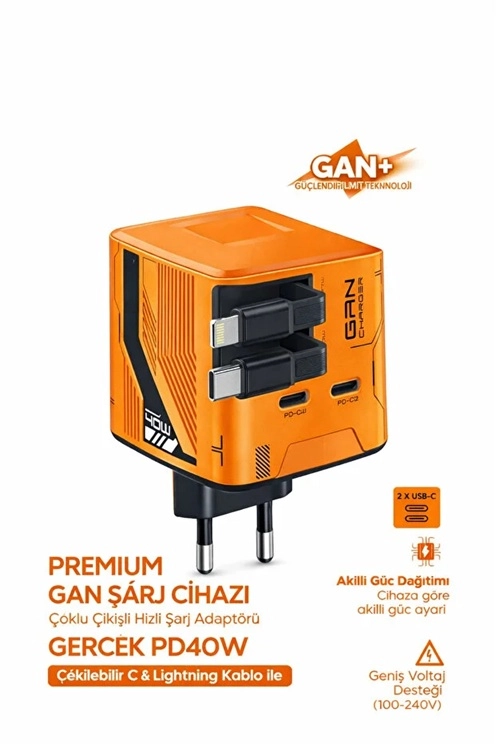 GaN+ PD 40W Hızlı Şarj Adaptörü Çoklu Çıkış USB-C Lightning Kablolu Hızlı Şarj Cihazı Ev Ofis Uyumlu Turuncu