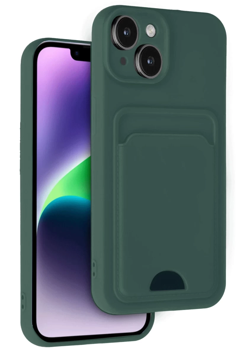 Apple iPhone 14 Uyumlu Kılıf Kelvin Kartvizitli Silikon - Koyu Yeşil