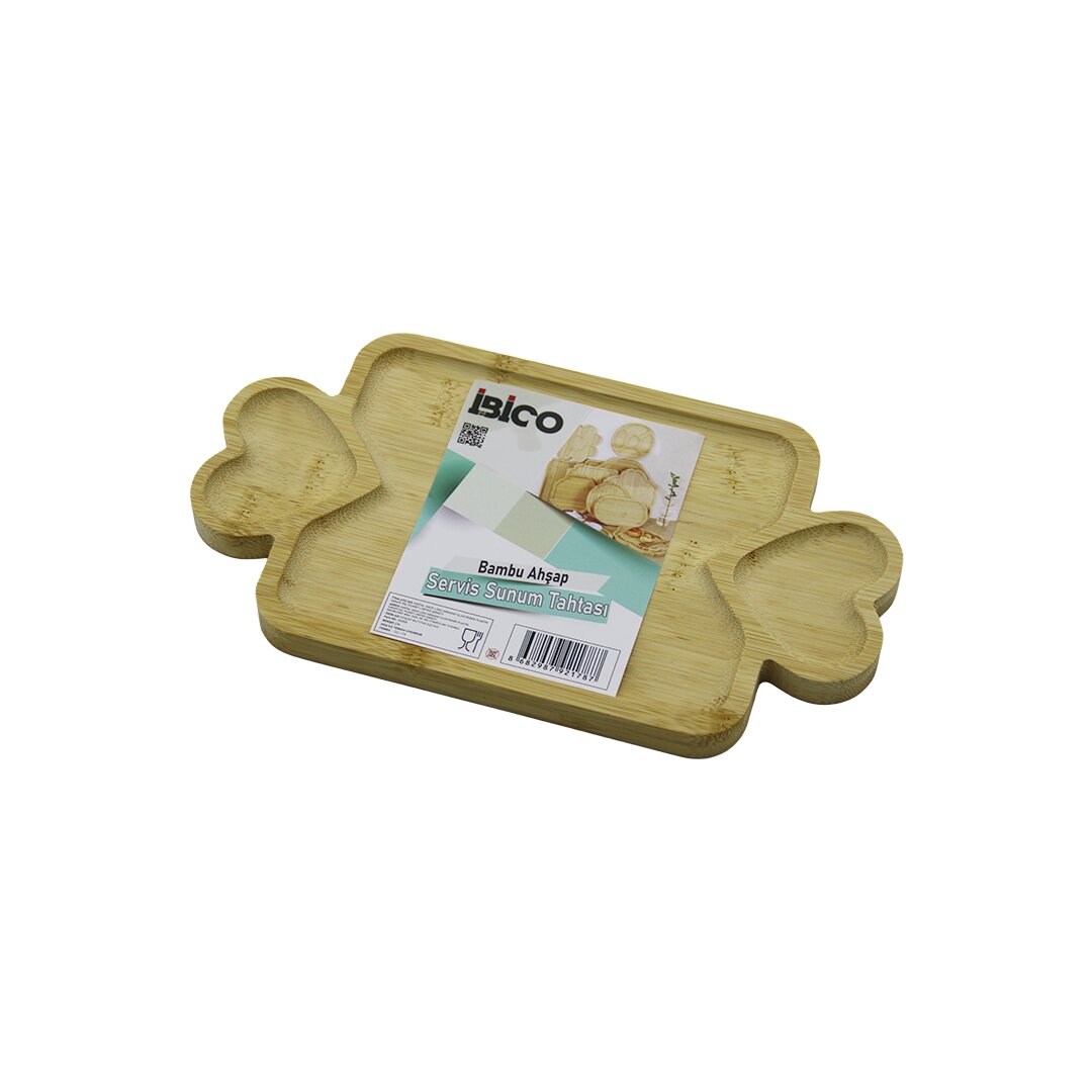 Dikdörtgen 3 BÖLMELİ=2İN1 Kalp Kulp - Bölme + 1 Ahşap Bambu Servis Sunum Tepsi - Tahtası 25 X 14 X 1.4CM