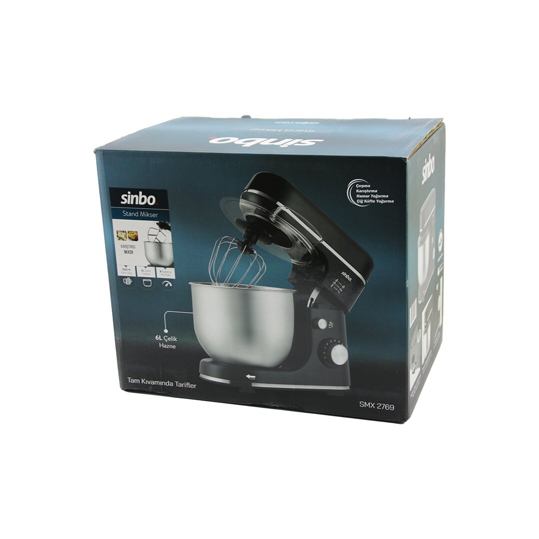Siyah Standlı Mikser Çırpıcı - Hamur Yoğurucu - Karıştırıcı 8 Kademe Hız Ayar 6L Çelik Hazne 1300W SMX-2769