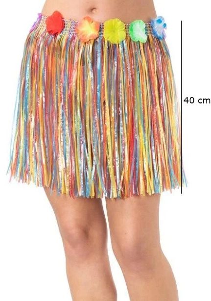 Rengarenk Püsküllü Hawaii Hula Etek 40 cm Yetişkin ve Çocuk Uyumlu