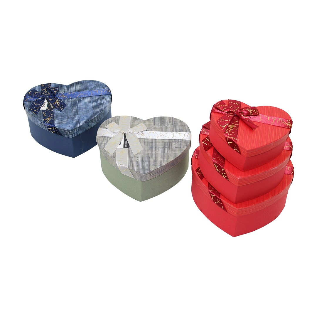 Kalp Desenli Mix Renkli Hediye Kutusu 3'lü Set 22x20-19x17-16x14cm