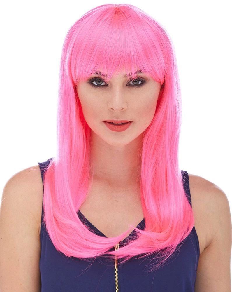 Koyu Pembe Renk Uzun Sentetik Peruk 60 cm Yetişkinler İçin