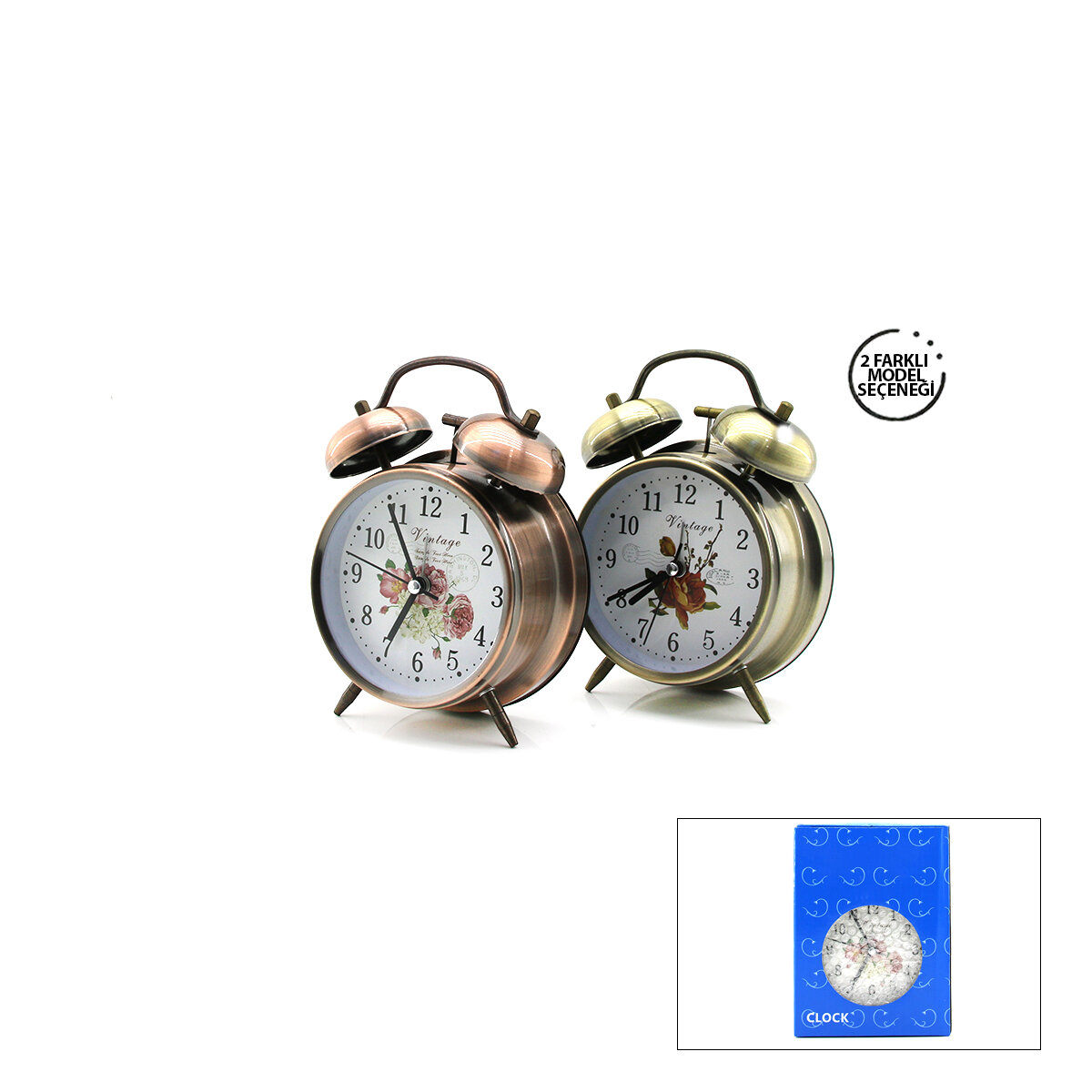 Twın Bell Alarm Clock Yuvarlak Masa Çalar Saat Metal Kasa Eskitme Desenli Pilli - Işıklı Çap: 10CM BGC-52 Herhangi Bir Renk Gönderilir