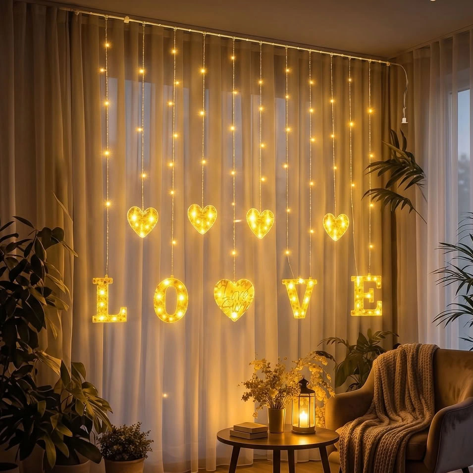 Dekoratif 3 Metre Perde Led Işık - 8 Modlu Kalp ve LOVE Figürleri