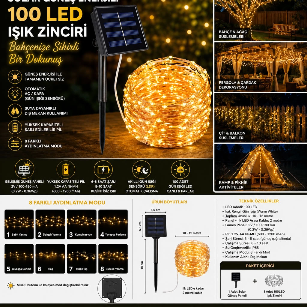 Güneş Enerjili 100 LED Işık Zinciri Bahçe ve Balkon Dekorasyonu