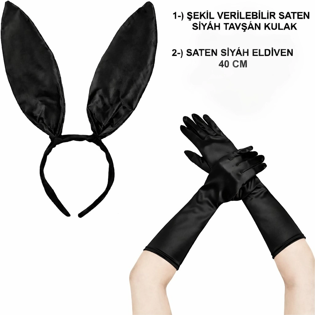 Şık Tavşan Kulak ve 40 cm Siyah Eldiven Kostüm Seti