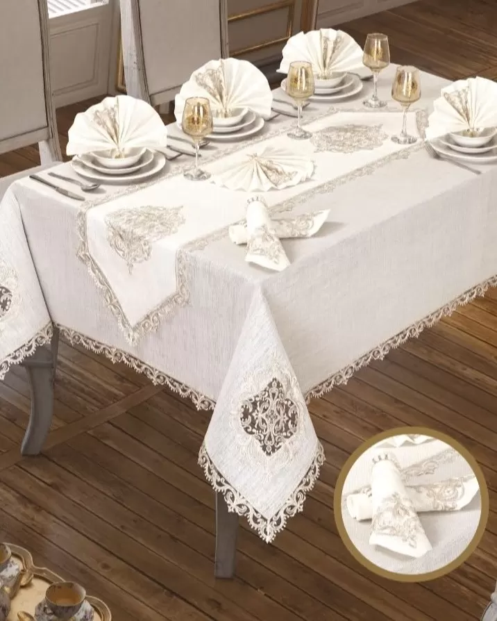 Lisa Linen Krem 26 Parça 12 Kişilik Premium 160 × 260 cm Masa Seti