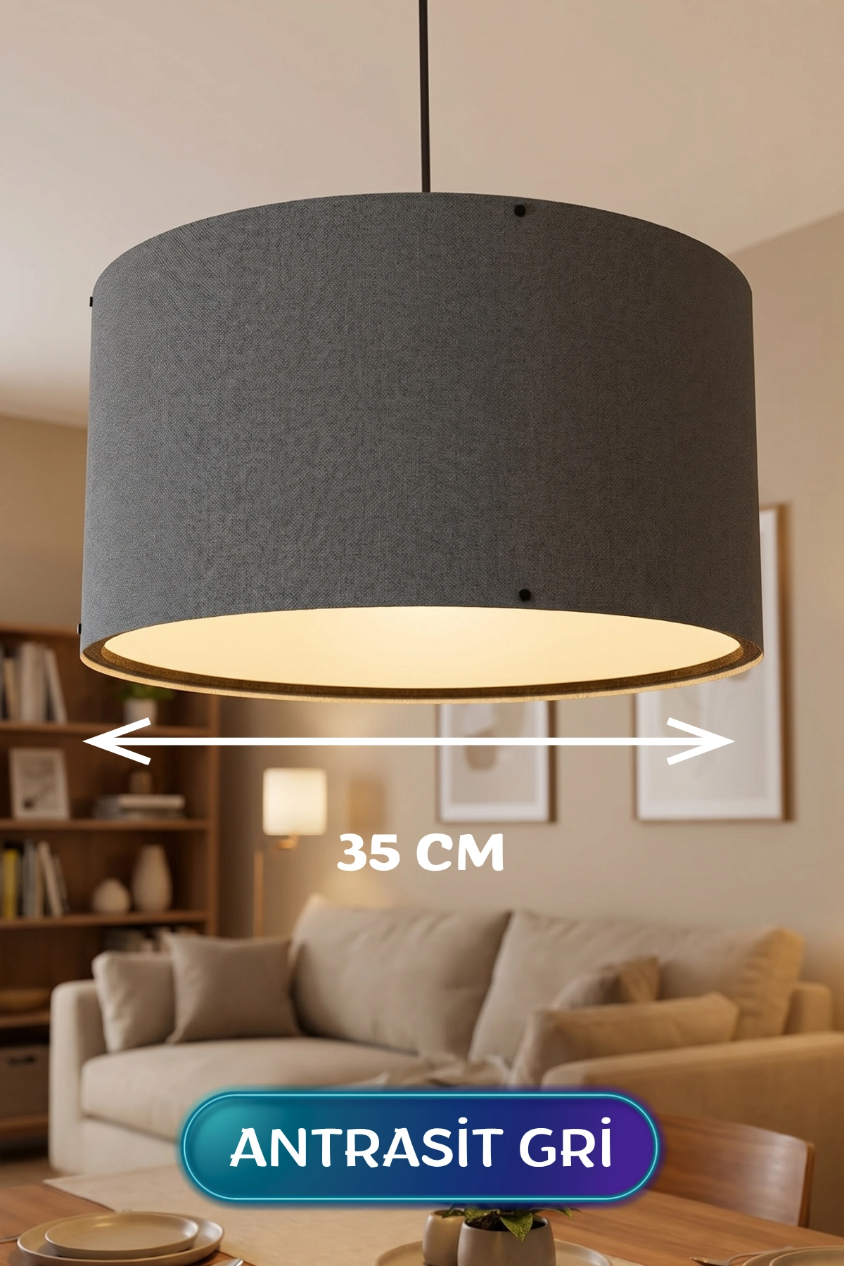 Şık Antrasit Gri Kumaş Başlıklı Sarkıt Avize 35 cm