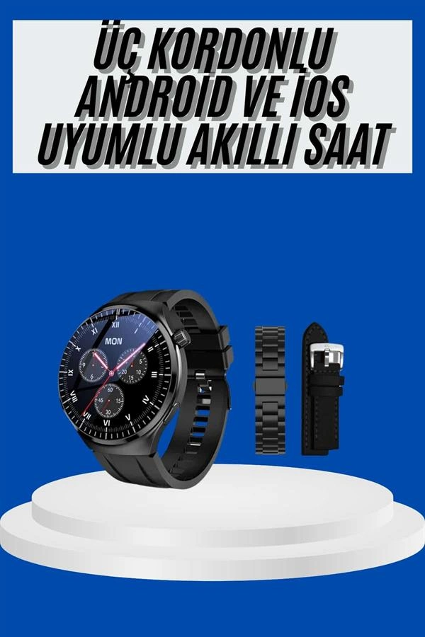 Üç Kordonlu Akıllı Saat iOS Android Uyumlu AMOLED Ekran