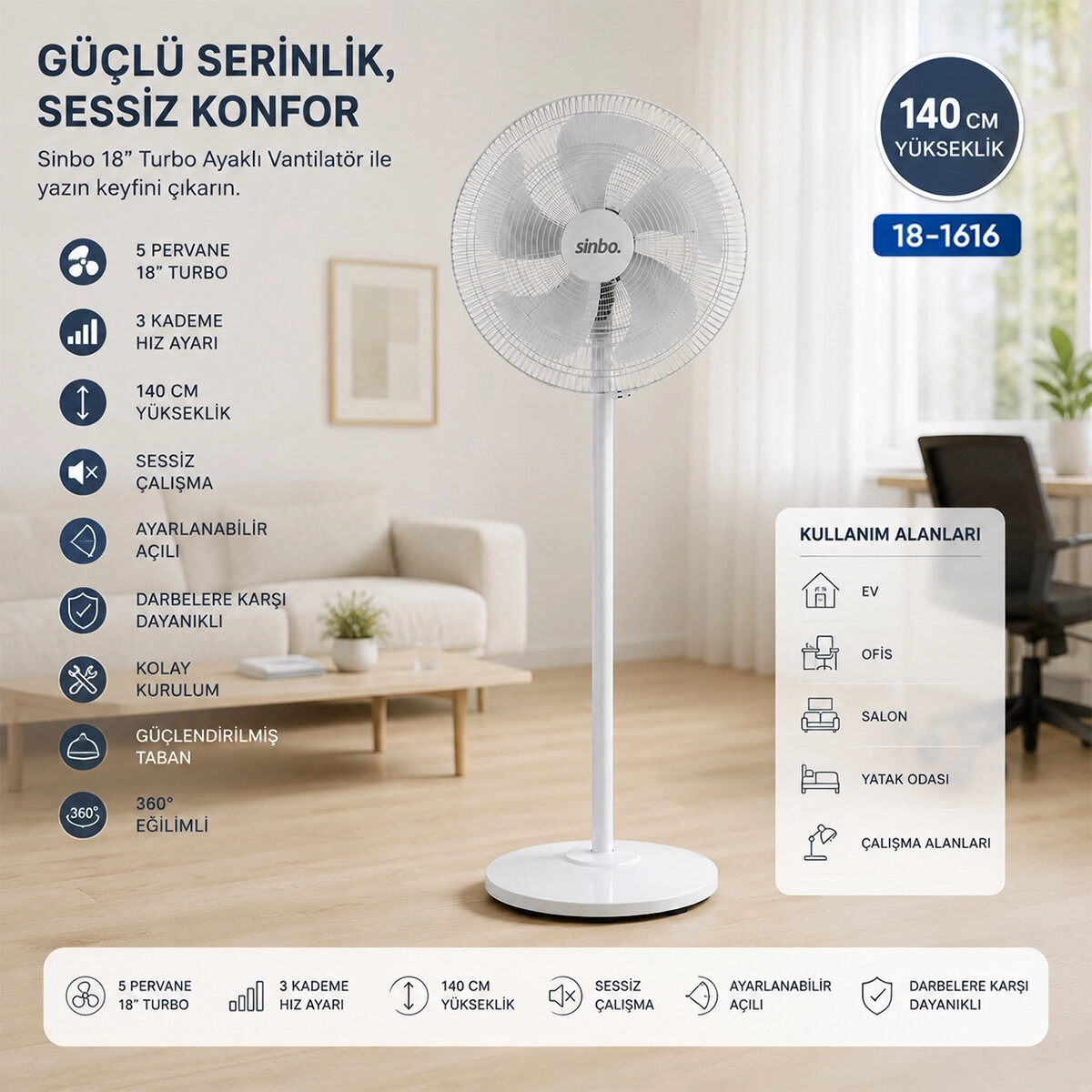 Sessiz 5 Pervaneli Vantilatör 140 cm Yükseklik