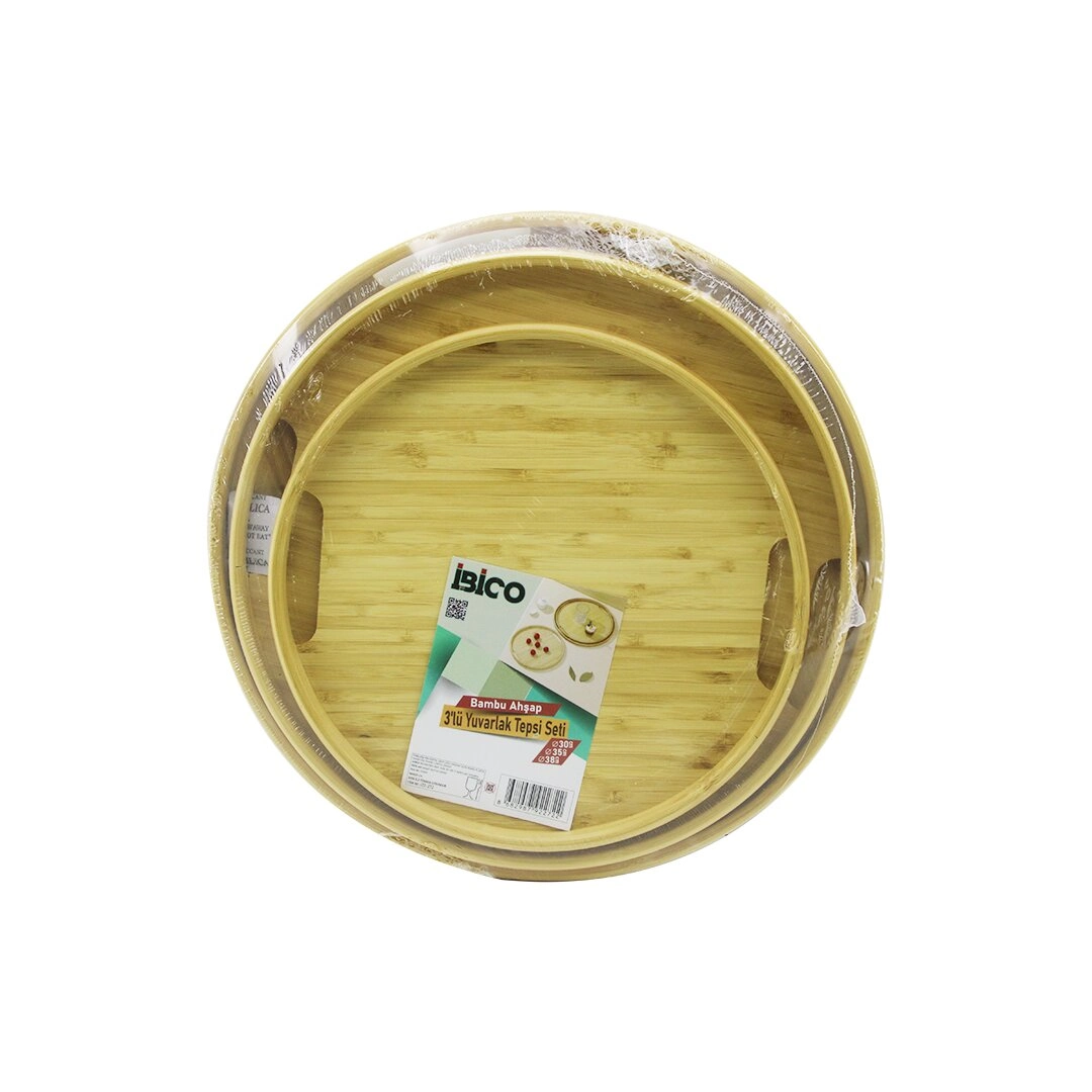 Şık Tasarım 3 Boy Bambu Ahşap Tepsi Seti 30-35-38 cm