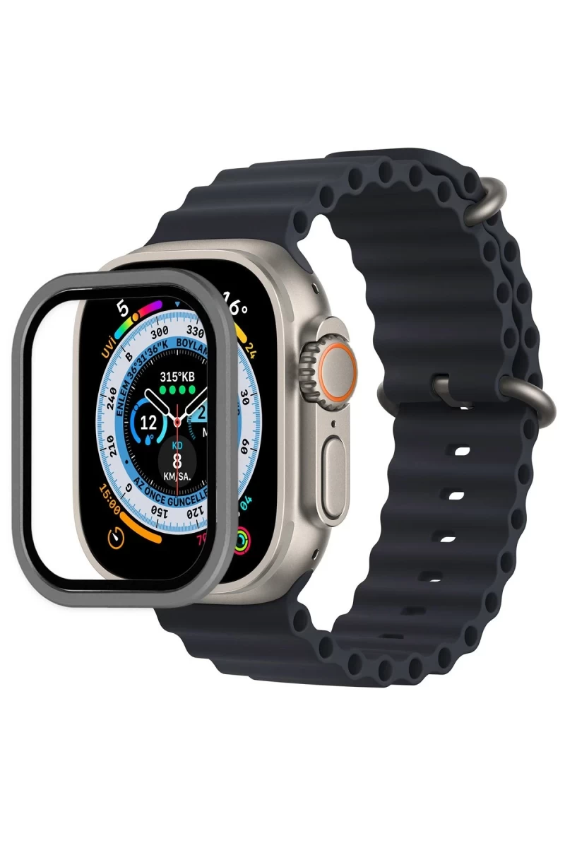 Apple Watch Ultra 49mm Uyumlu Alüminyum Kasa Cam Ekran Koruyucu - Gri