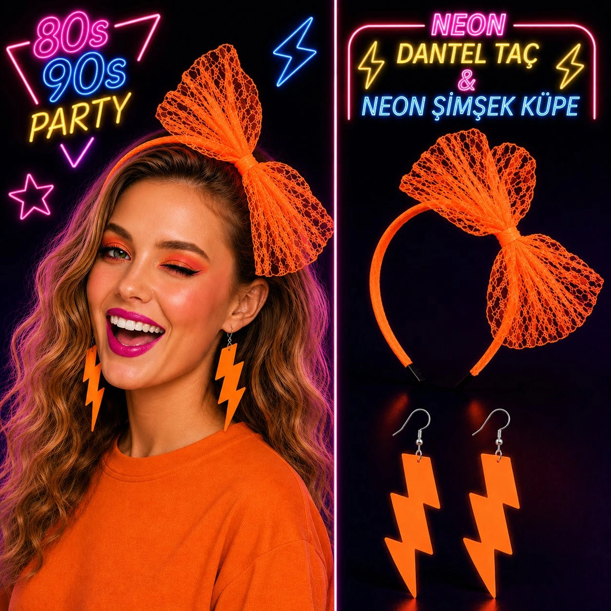 Dikkat Çekici Neon Turuncu Dantel Taç ve Şimşek Küpe Seti