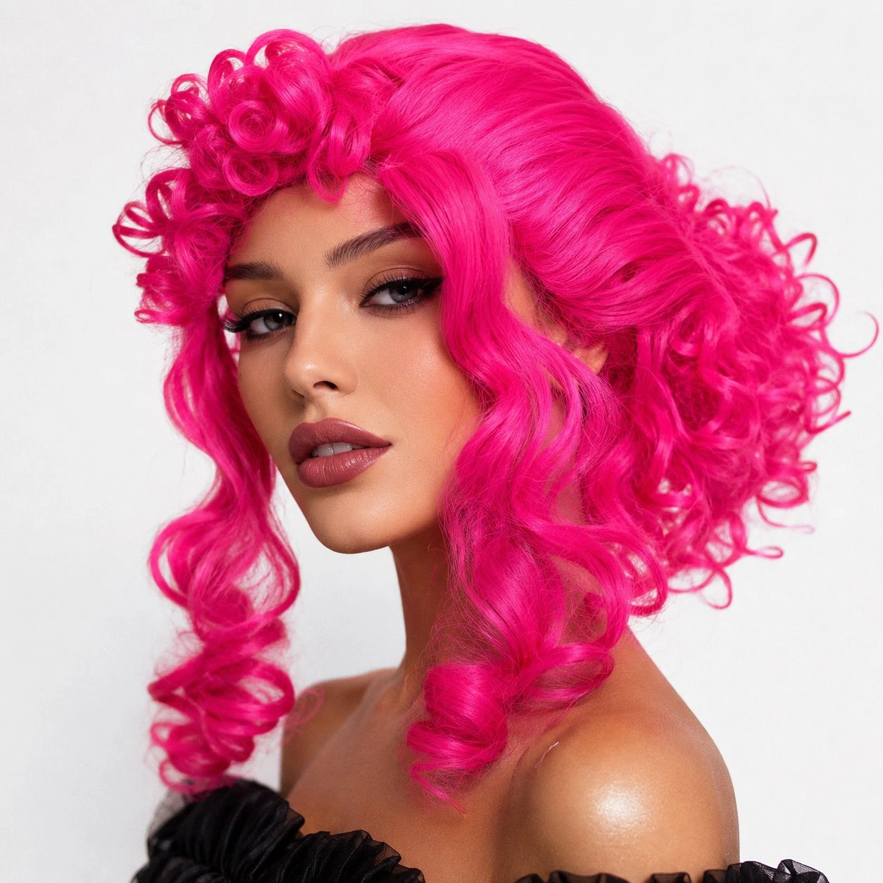 Enerjik Neon Pembe Bukleli Kıvırcık Peruğu - İçi Astarlı