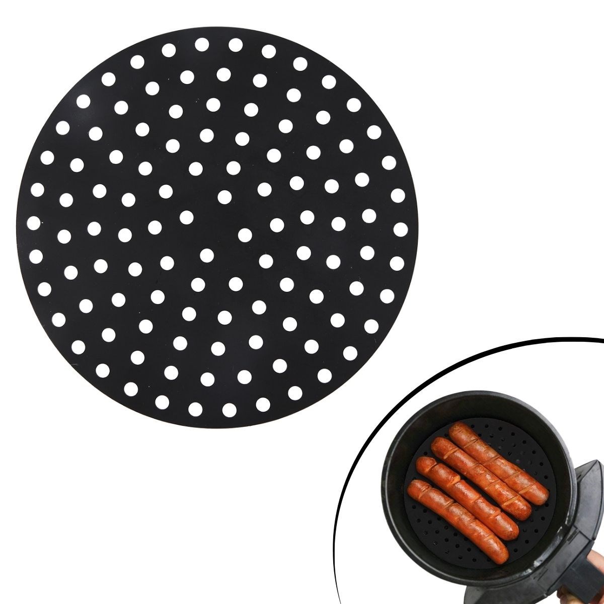 Siyah Isıya Dayanıklı Yıkanılabilir Silikon Fırın Ve Airfryer Yuvarlak Model Pişirme Matı 23 Cm