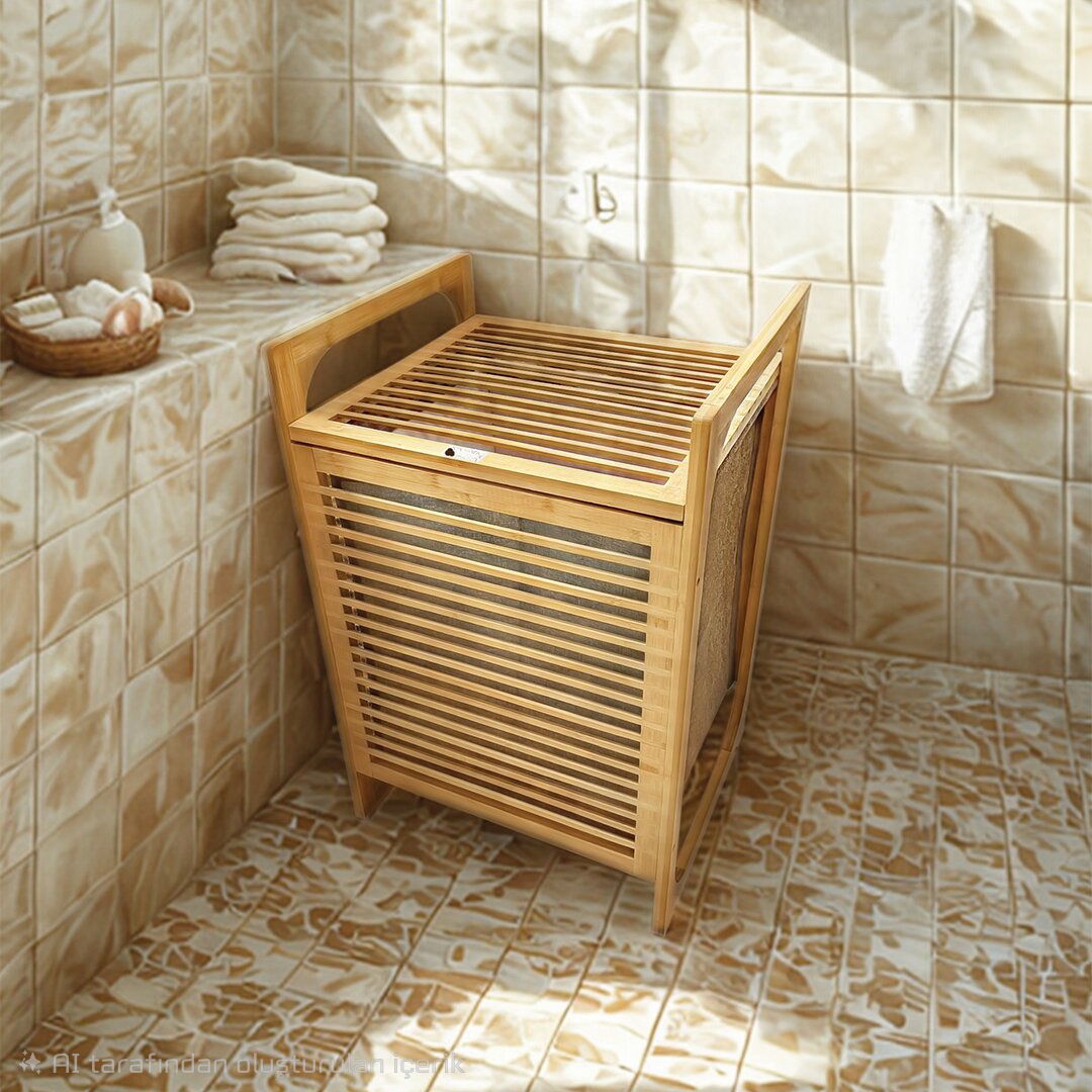 Ahşap Bambu Kirli Çamaşır Sepet Kumaş Çantalı SEPET=40X35X60CM