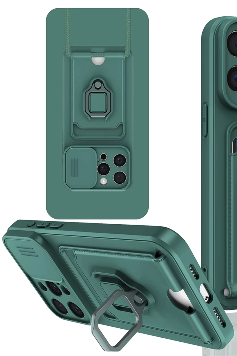 Apple iPhone 15 Pro Uyumlu Kılıf Zuma Kartvizitli Yüzüklü Silikon - Yeşil