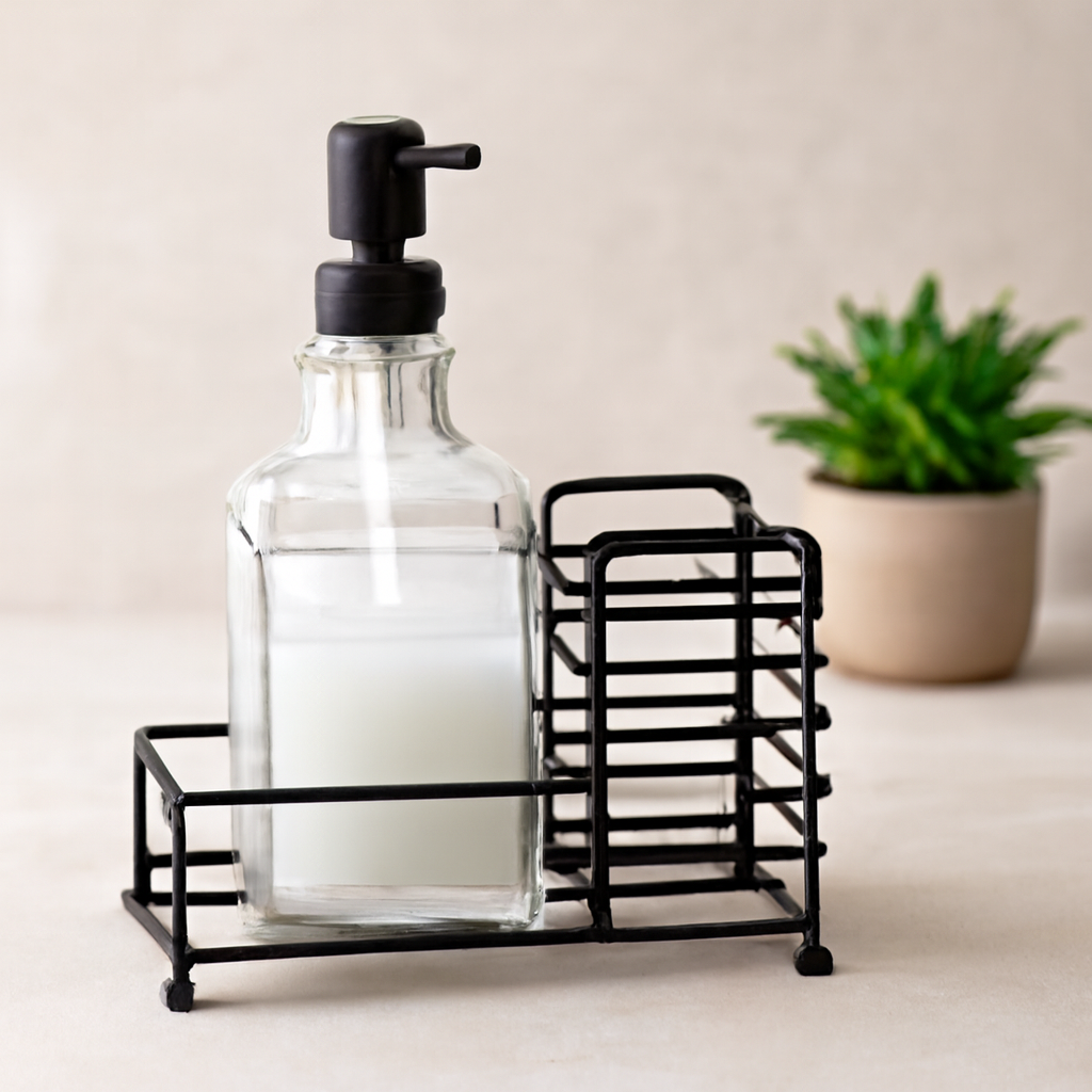 Cam Sıvı Sabunluk 500 ml Siyah Metal Stand ve Pompa