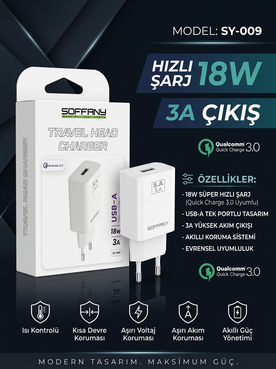 Soffany SY-009 18W Qualcomm 3.0 Hızlı Şarj Adaptörü (3A Çıkış)