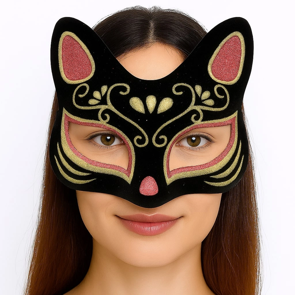 Şık Kedi Maskesi 17x14 cm Siyah Süet Kırmızı Sarı Simli