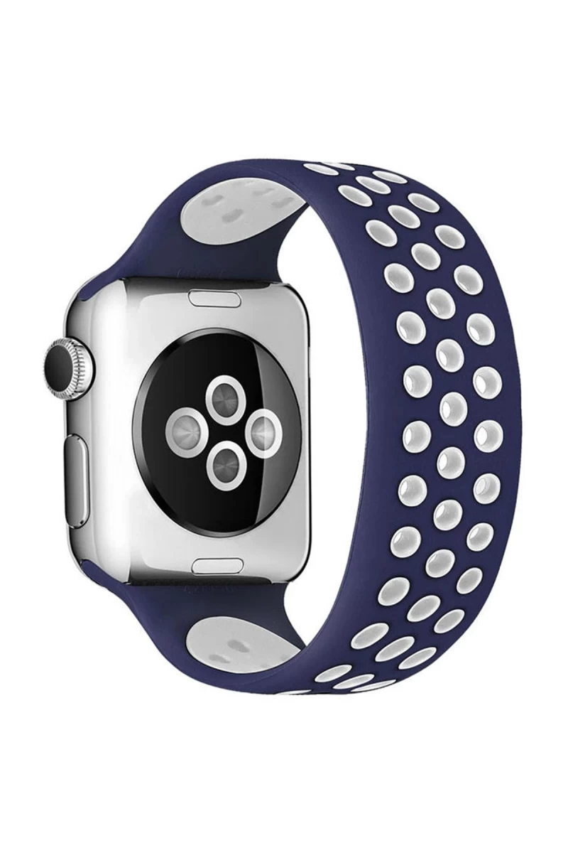 Apple Watch 38mm Uyumlu Ayarlı Delikli Silikon Kordon - Lacivert-Beyaz