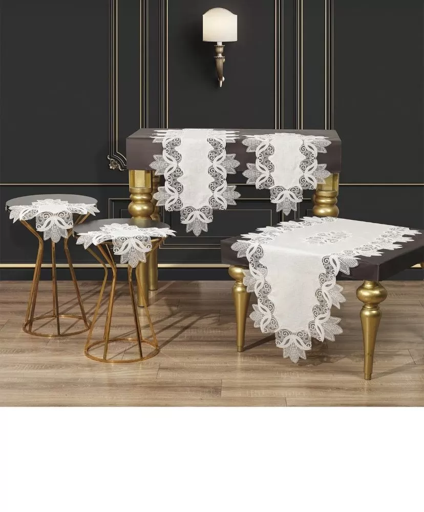 Salon Takımı 5 Parça Keten Dantelli Masa Örtüsü Runner Seti Çeyizlik Kayla Model Krem-Gold