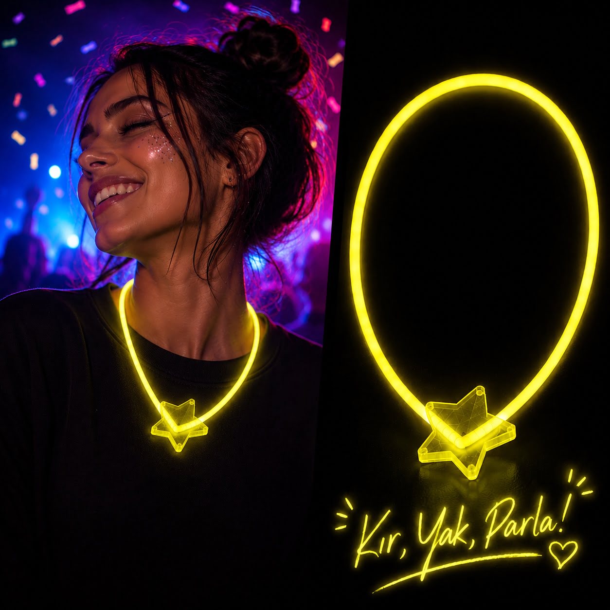 Fosforlu Yıldız Parti Kolyesi ? Neon Işıklı Kolye Sarı Renk