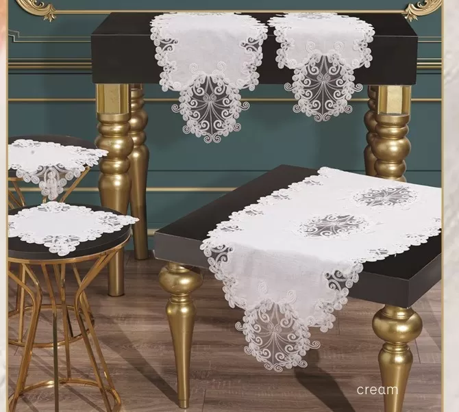 Salon Takımı 5 Parça Keten Dantelli Masa Örtüsü Runner Seti Anna Model - Krem