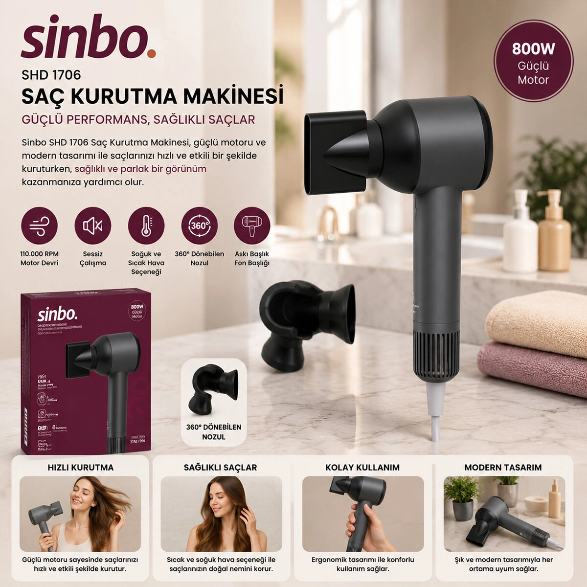 Sessiz Çalışma Özellikli Saç Kurutma Makinesi 110.000 RPM 3 Hız