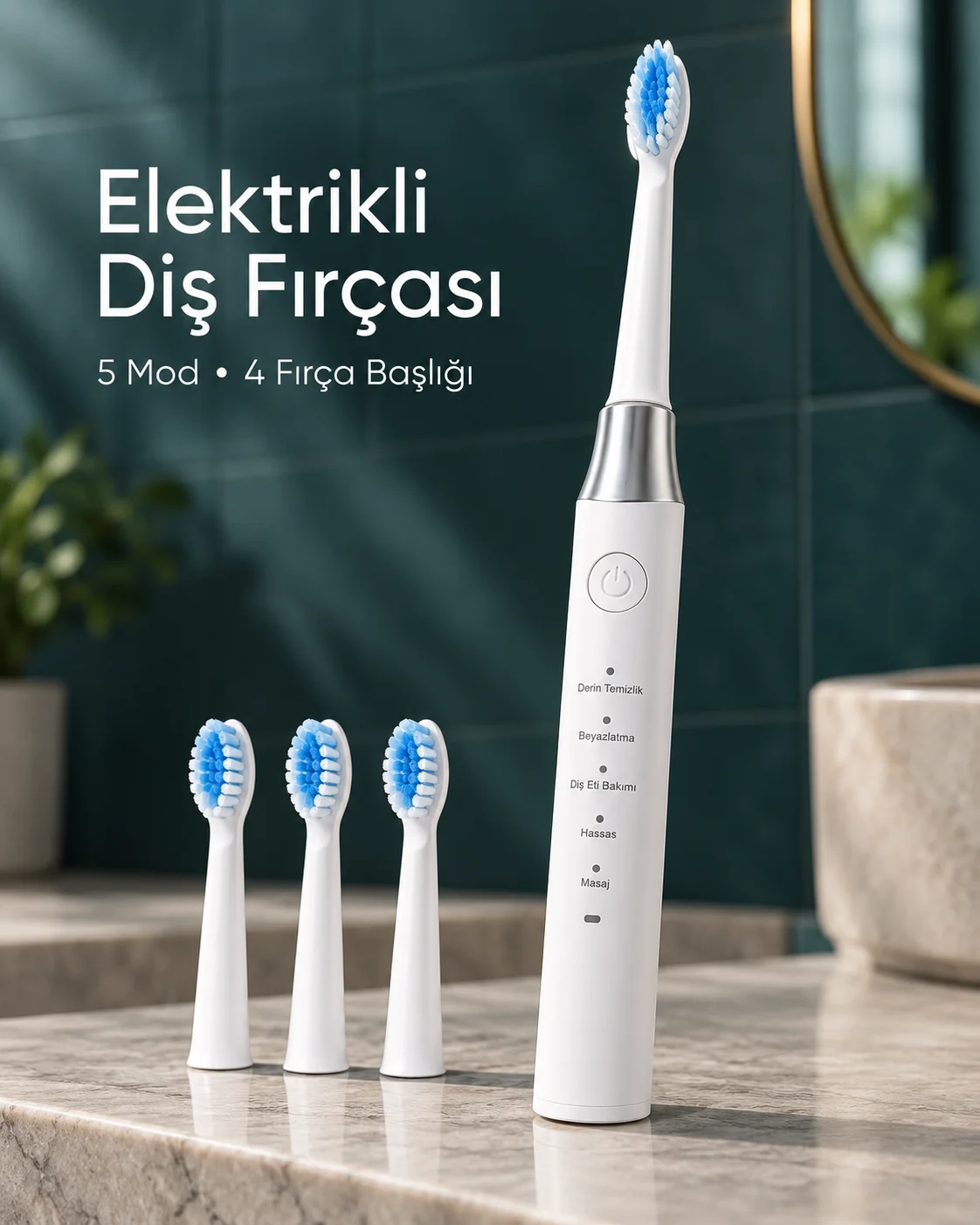 Değiştirilebilir Başlıklı Beyaz Elektrikli Diş Fırçası 5 Mod ve 3 Yedek Başlık