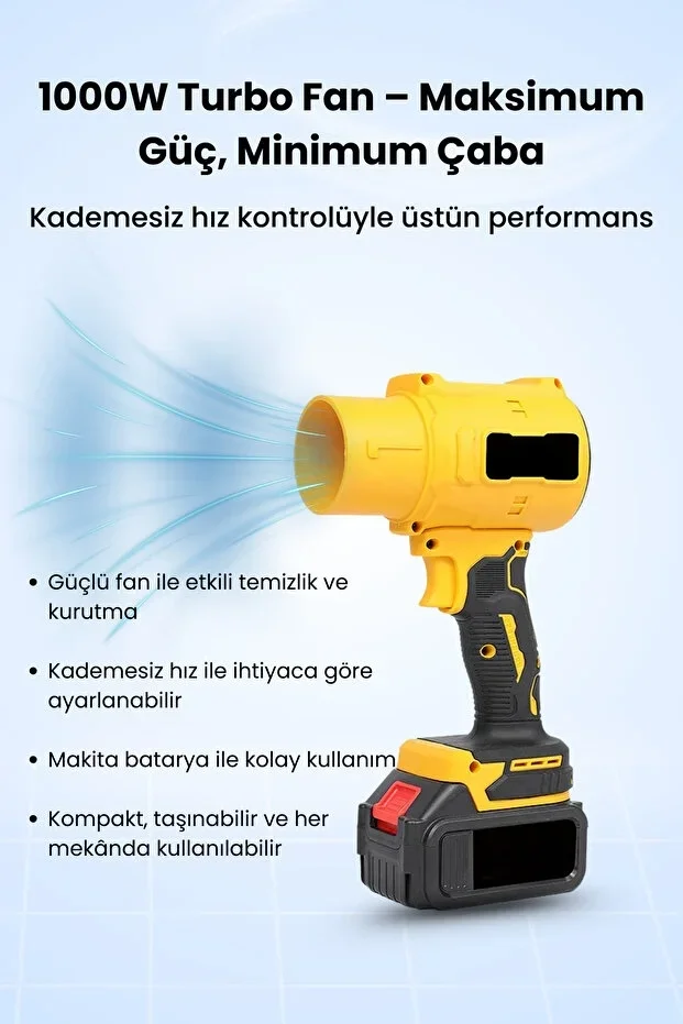 21V Kablosuz Hava Üfleyici | 32.000RPM Turbo Fan, 12.000mAh Batarya, Bahçe & Araç Kurutma / Sarı