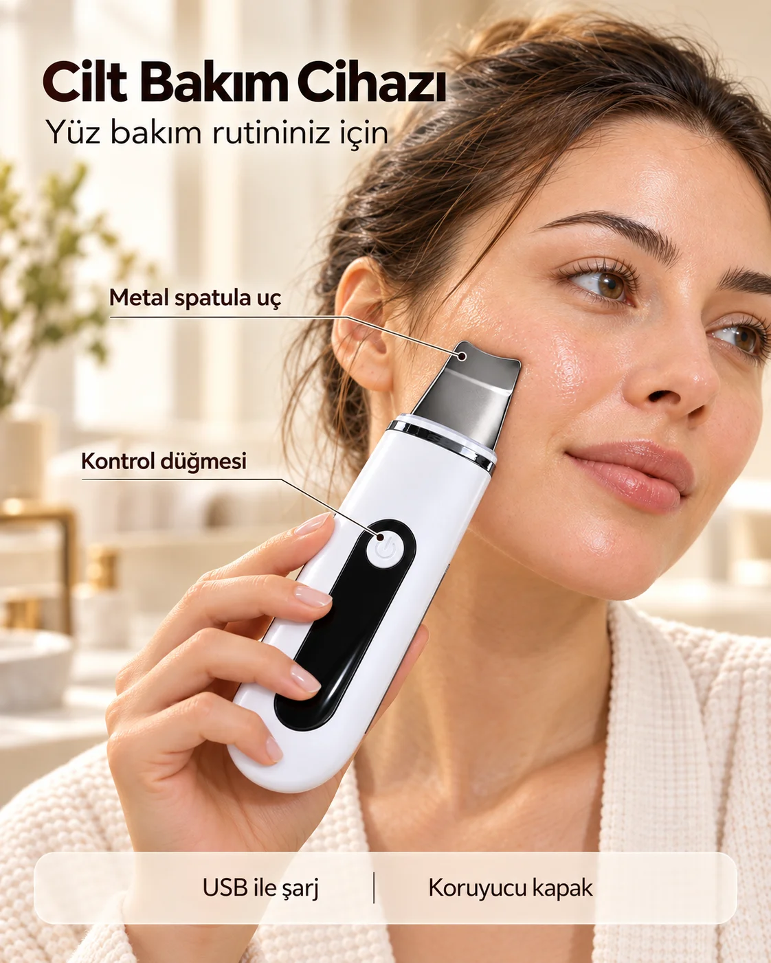 Yüz Bakım Rutini İçin Metal Uçlu USB Şarjlı Beyaz Cilt Bakım Cihazı
