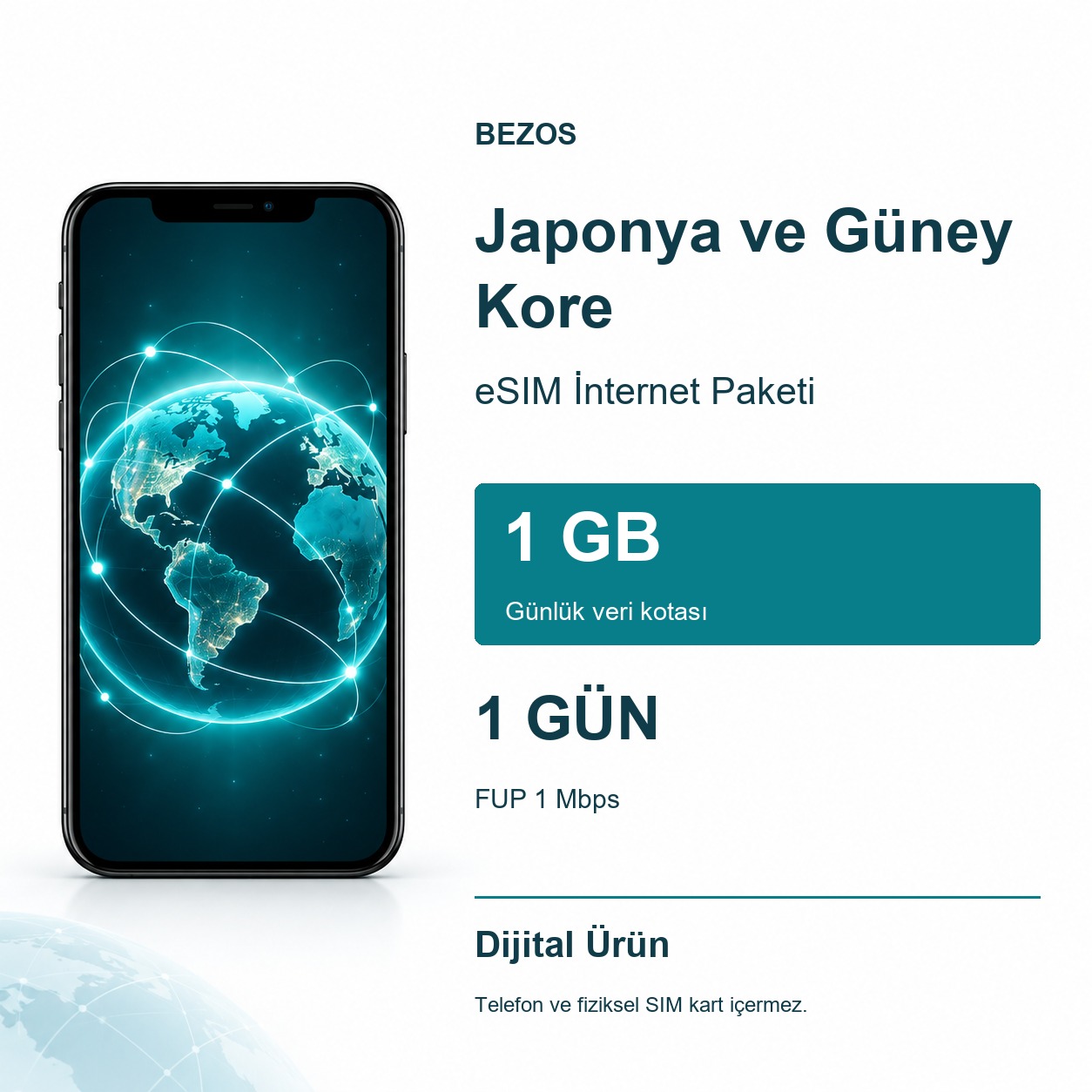 Japonya ve Güney Kore eSIM İnternet Paketi Günlük 1 GB 1 Gün - FUP 1 Mbps