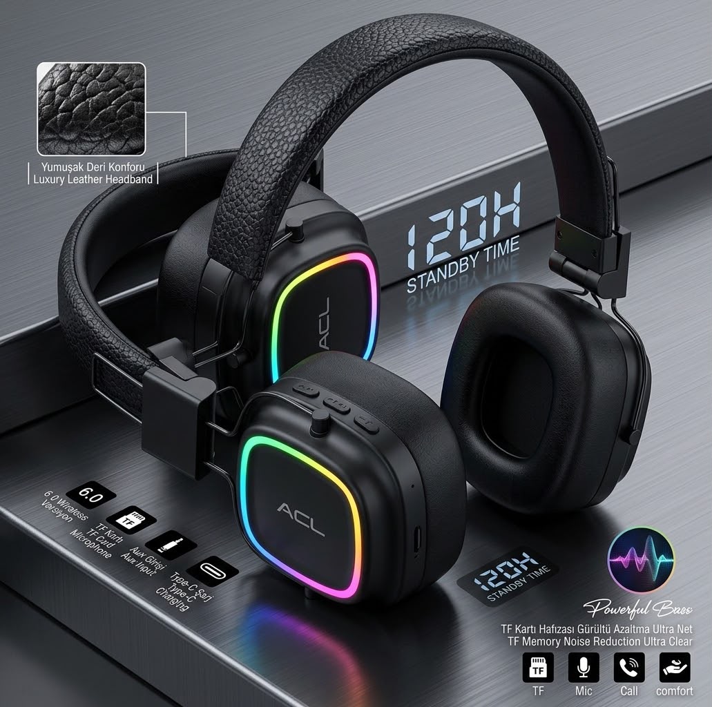 RGB Işıklı Kablosuz Bluetooth 6.0 Kulak Üstü Kulaklık